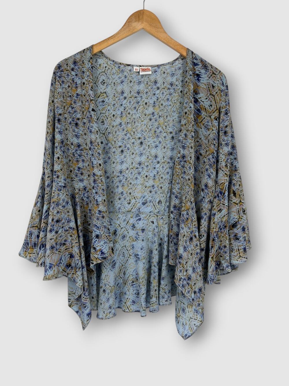 Tianello by Steve Barraza 100% Silk Geometric Print Blouse Bell Sleeve Size XS